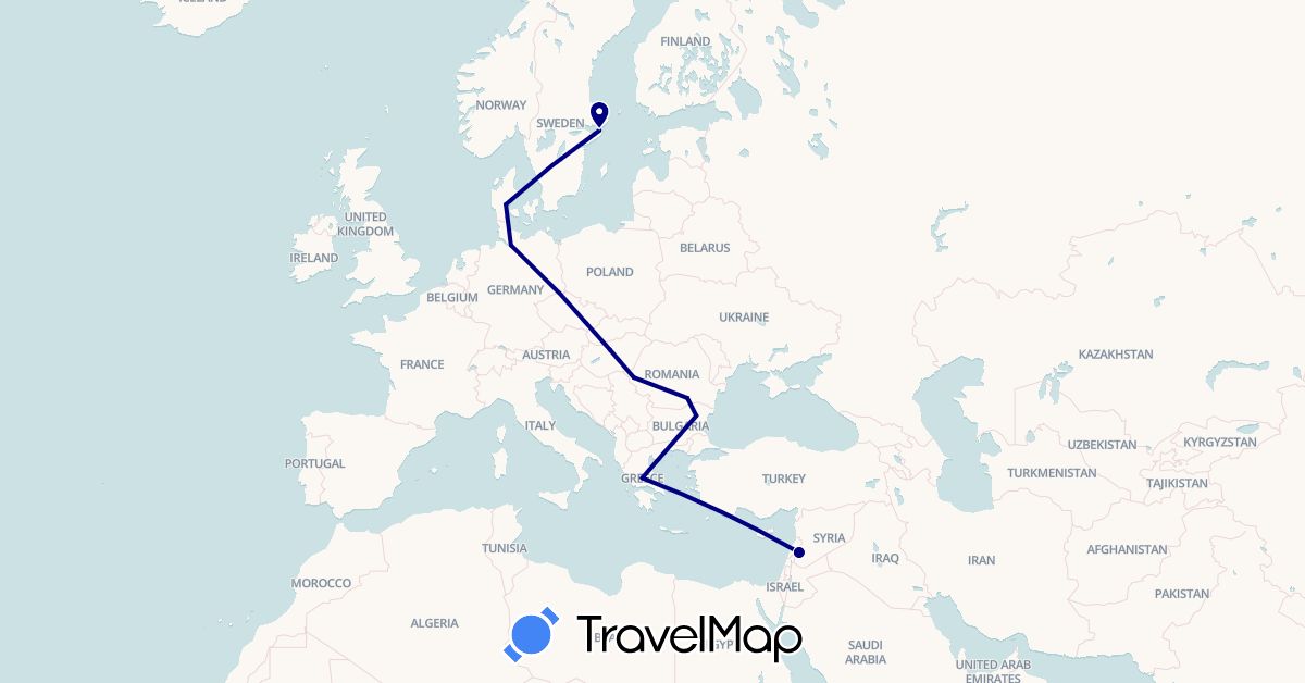TravelMap itinerary: driving in Bulgaria, Germany, Denmark, Greece, Hungary, Romania, Sweden, Syria (Asia, Europe)
